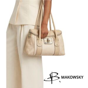 B. Makowsky beige, purple leather twist lock, shoulder bag purse